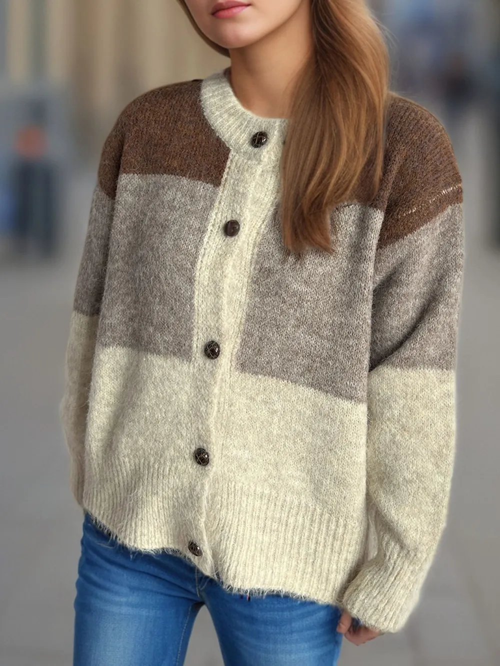 Color Block Round Neck Button Up Cardigan, image 17