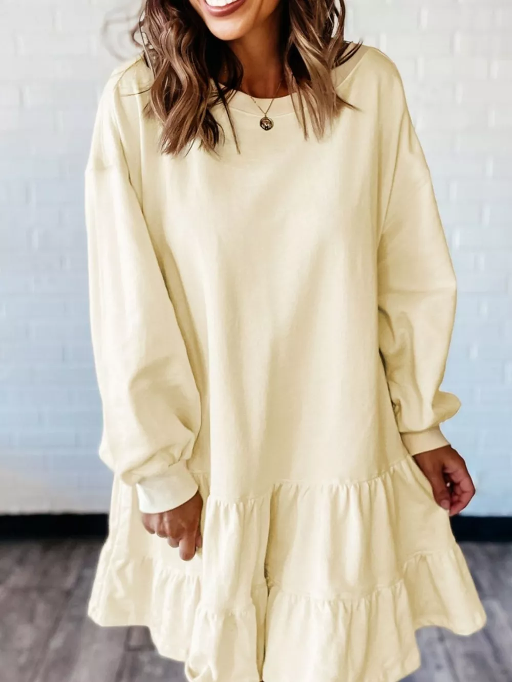 Double Tiered Ruffle Hem Long Sleeve Loose Mini Dress, image 2