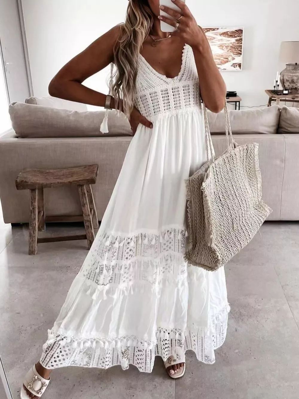 Full Size Bohemian Crochet Trimmed Cami Dress with Tassel Trim Plus Size, image 6