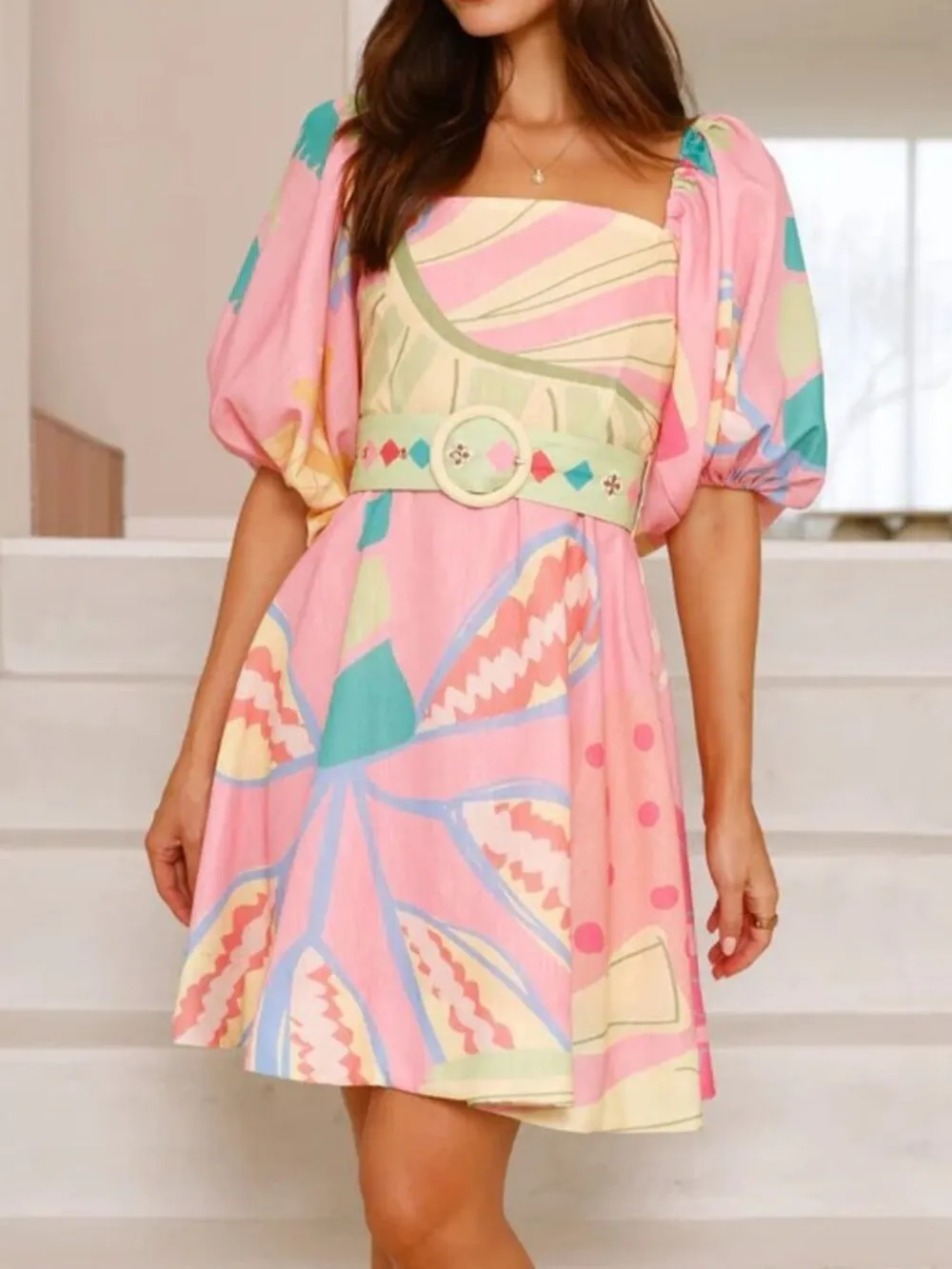 Printed Square Neck Puff Sleeve Dress, image 4