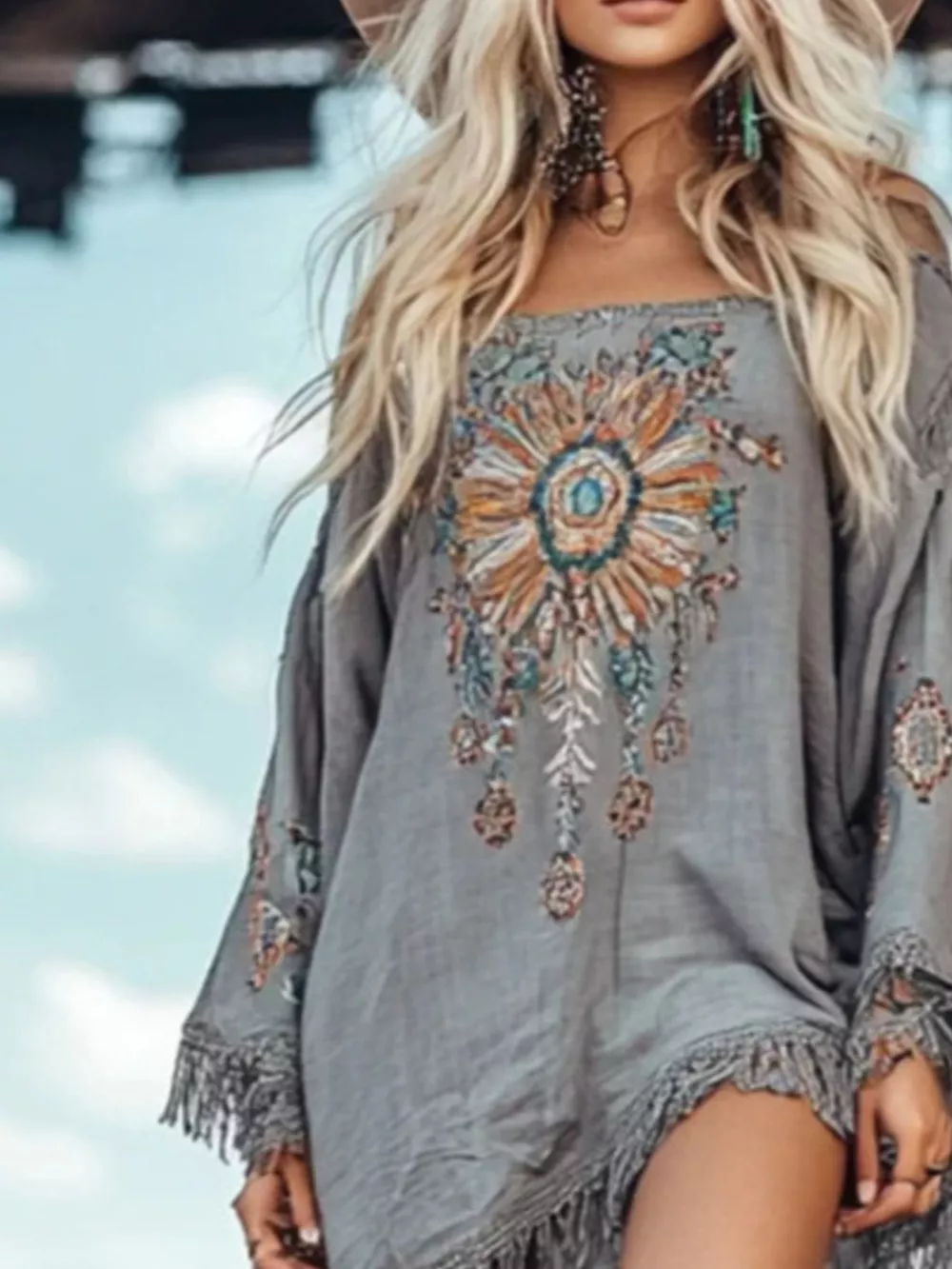 Fringe Hem Long Sleeve Mini Dress, image 2