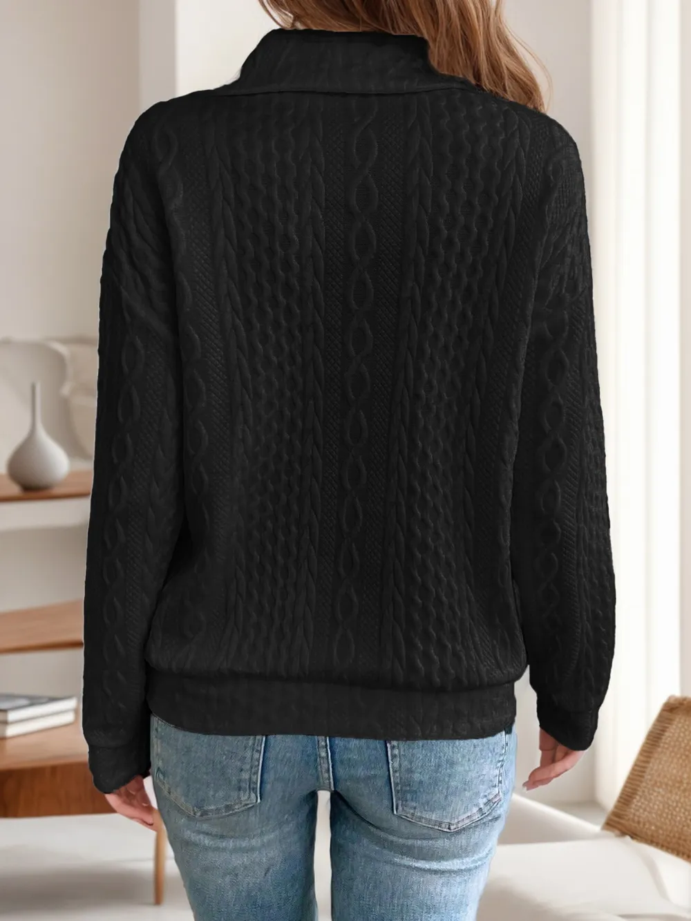 Oblique Zipper Collared Neck Long Sleeve Sweatshirt, image 5