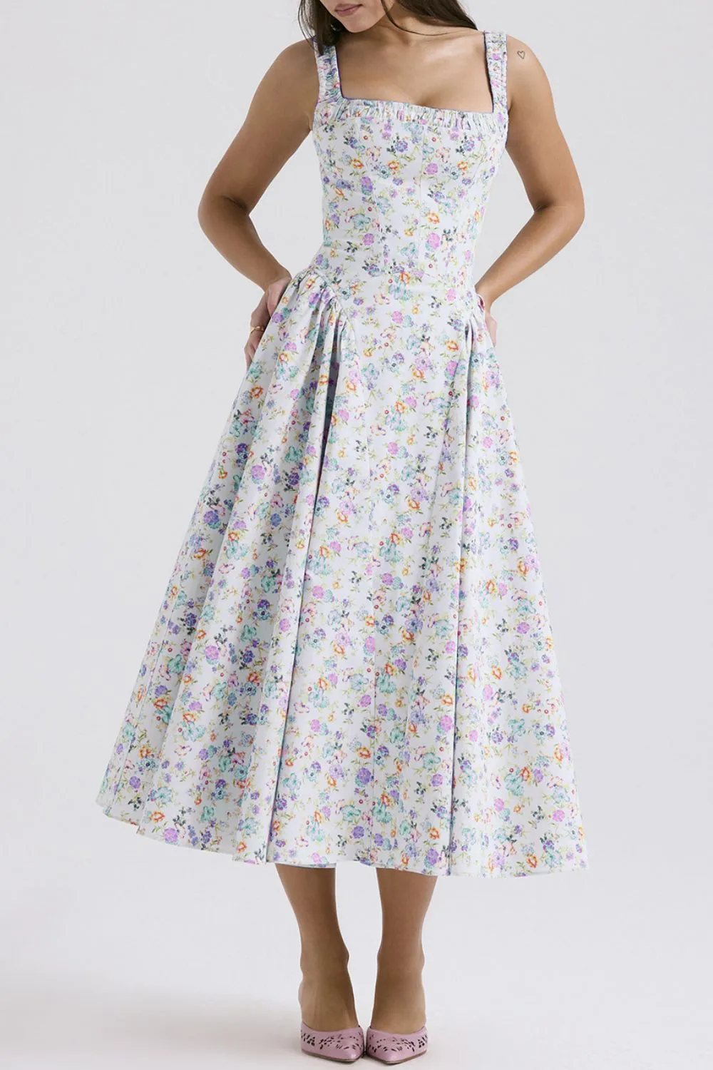 Floral Square Neck Wide Strap Midi Dress, image 3