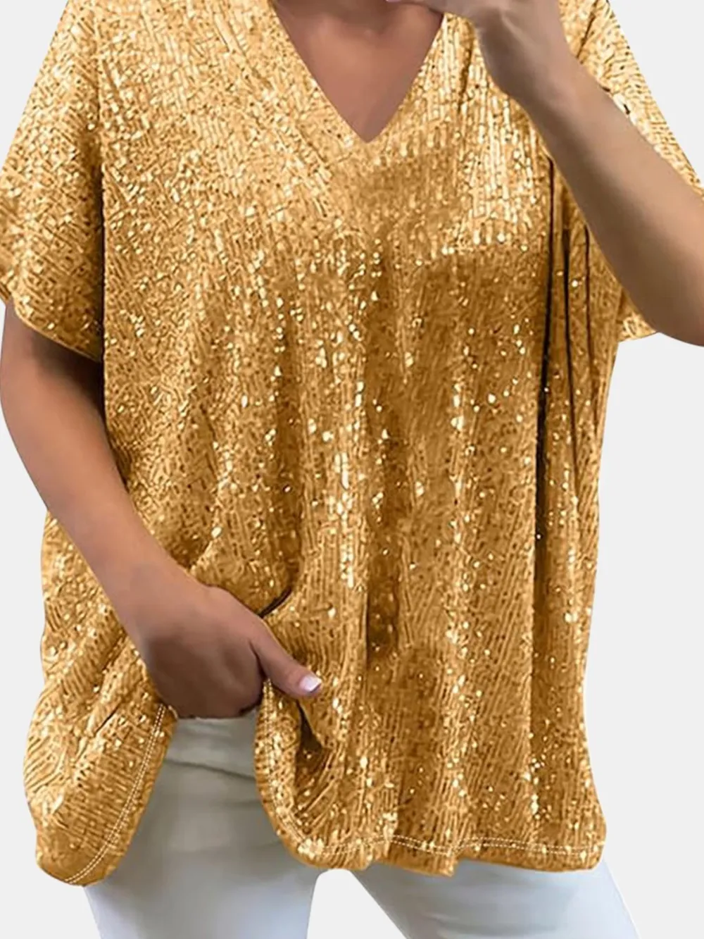 Full Size Sequin V-Neck Short Sleeve Top, image 8