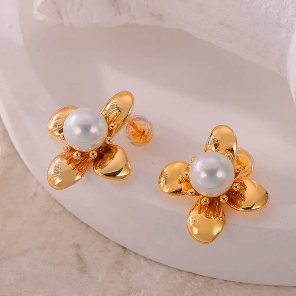 Synthetic Pearl Titanium Steel Flower Earrings, image 4
