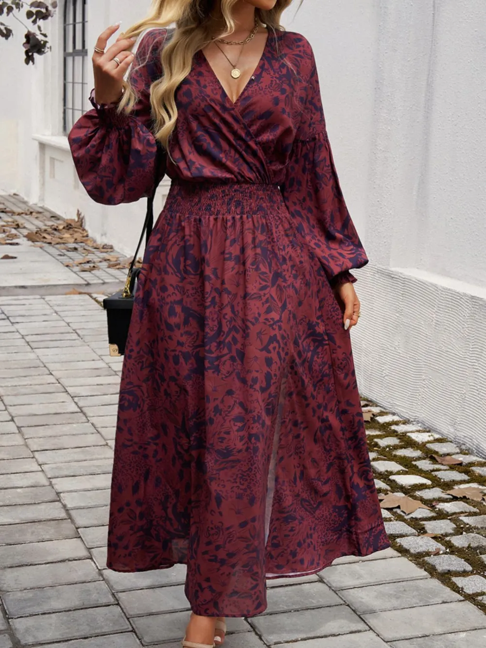 Split Printed Surplice Long Sleeve Midi Dress, image 9