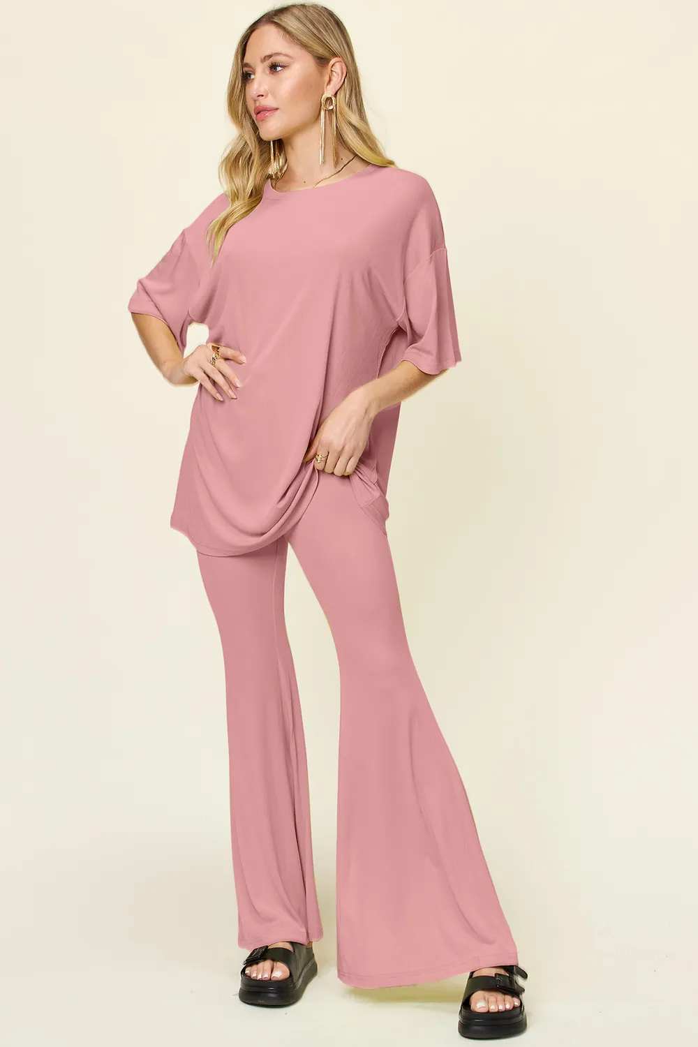 Full Size Round Neck Drop Shoulder T-Shirt and Flare Pants Set, image 4