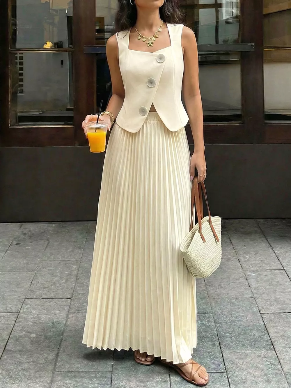 Sleeveless Vest and Pleated Maxi Skirt Set, image 3