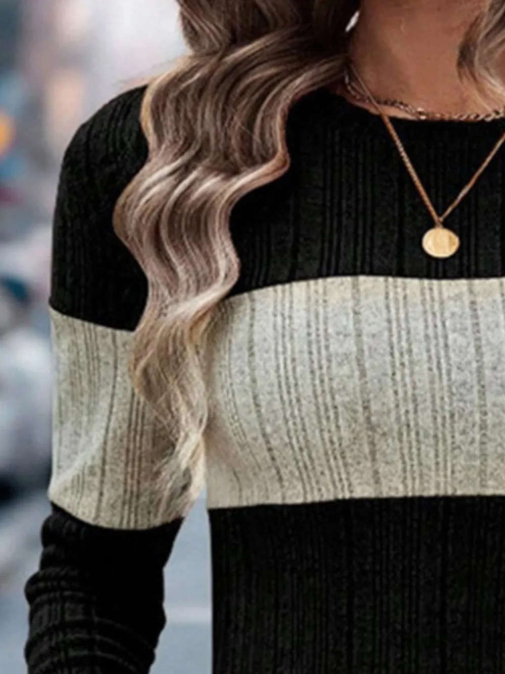 Color Block Round Neck Long Sleeve Sweater, image 5