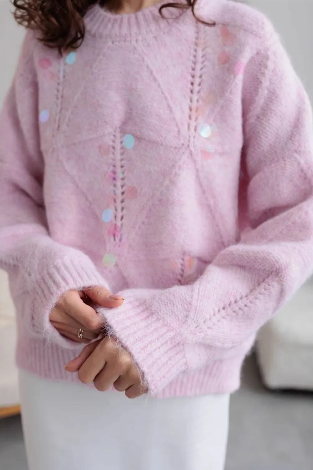 Sequin Round Neck Long Sleeve Sweater, image 4