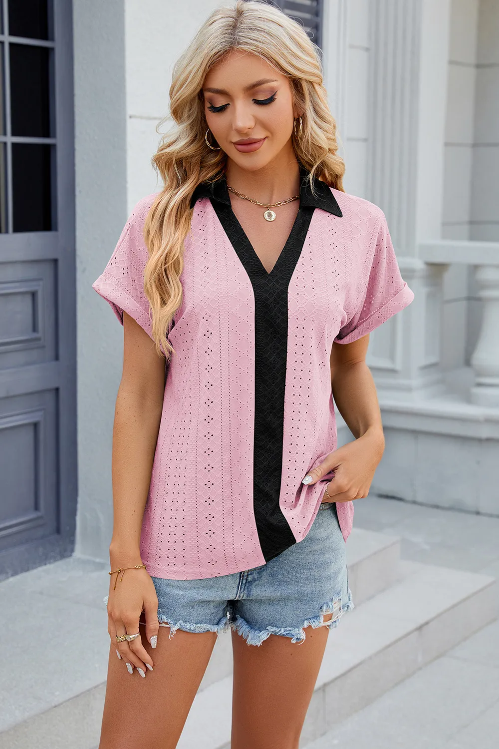 Eyelet Johnny Collar Short Sleeve T-Shirt, image 14