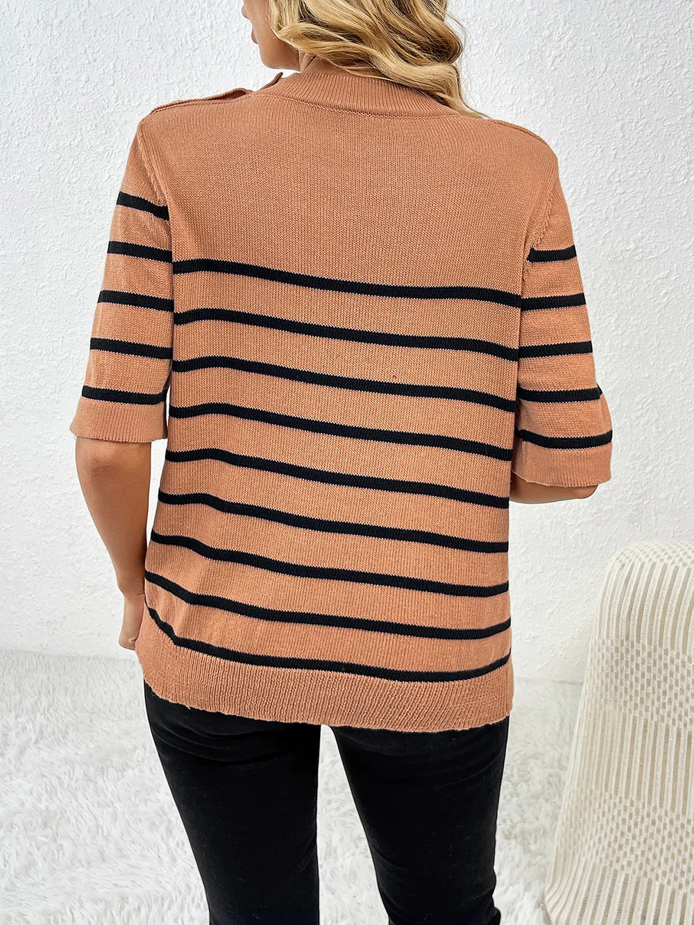 Striped Round Neck Half Sleeve Knit Top, image 12