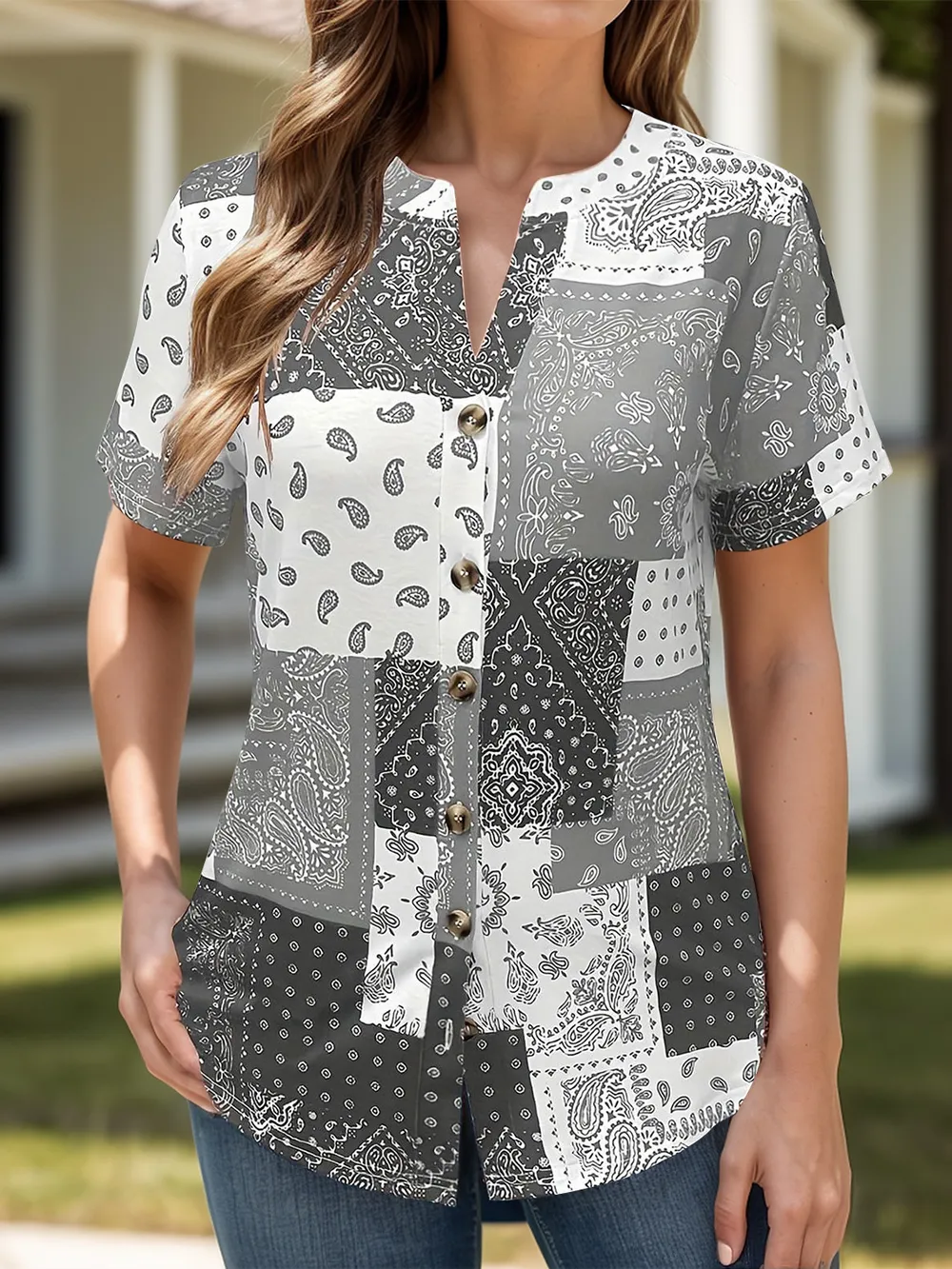 Printed Notched Short Sleeve Blouse, image 6