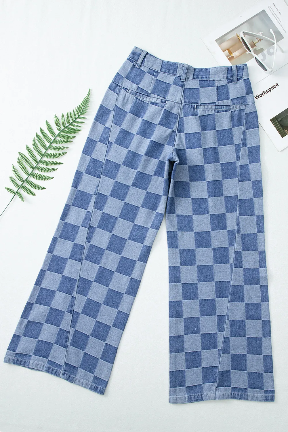 Checkered Wide Leg Jeans with Pockets, image 3