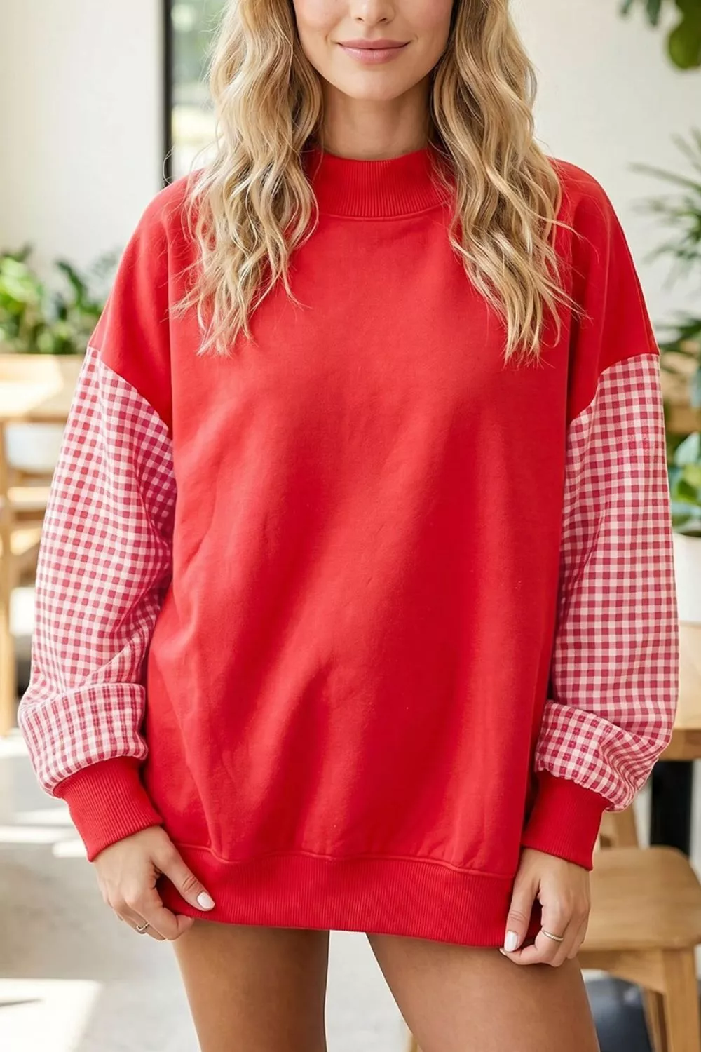 Gingham Contrast Sleeve Crew Neck Sweatshirt, image 2