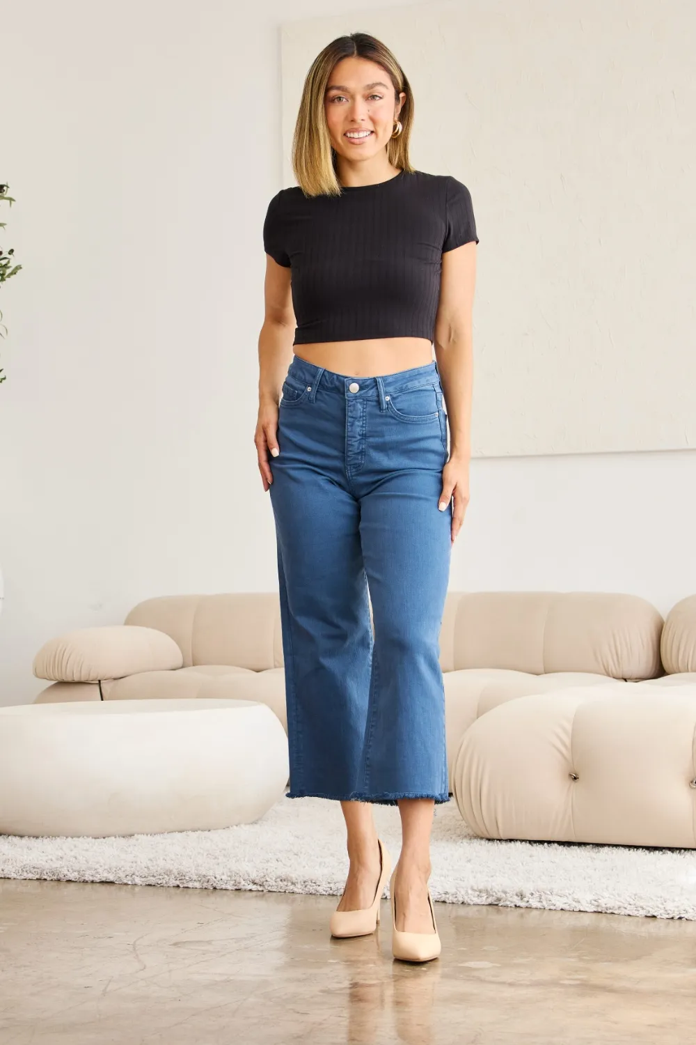 Crop Chloe Full Size Tummy Control High Waist Raw Hem Jeans, image 7