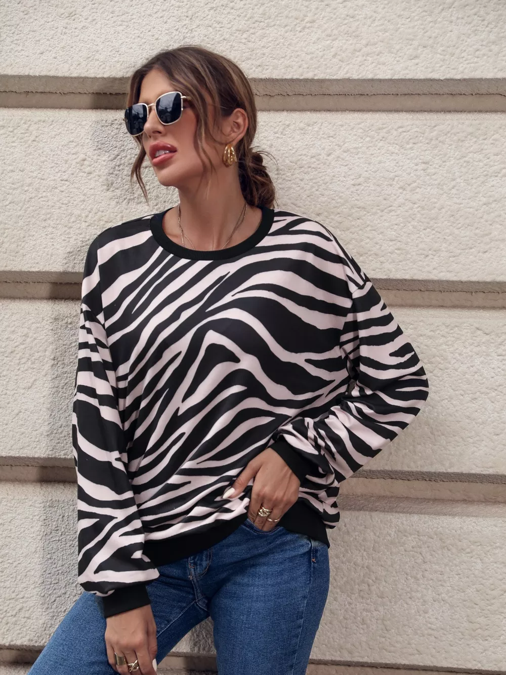 Zebra Print Round Neck Casual Sweatshirt, image 6