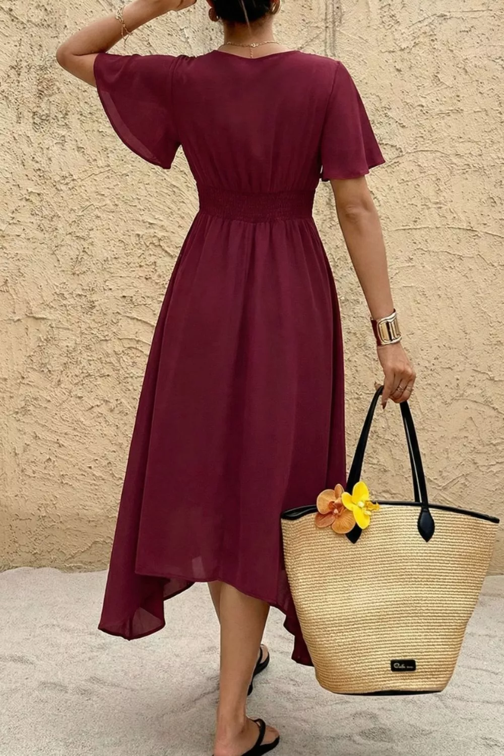 V-Neck Flutter Sleeve Midi Dress, image 5