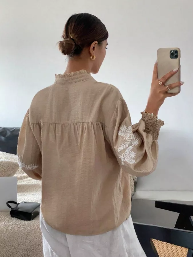 Embroidered Notched Long Sleeve Blouse, image 11