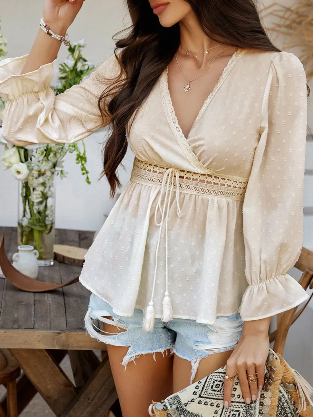 Swiss Dot Lace Detail Surplice Flounce Sleeve Blouse, image 5