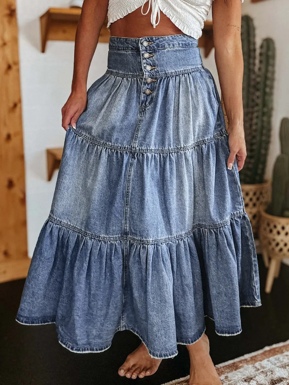Tiered Button-Fly Denim Skirt, image 2