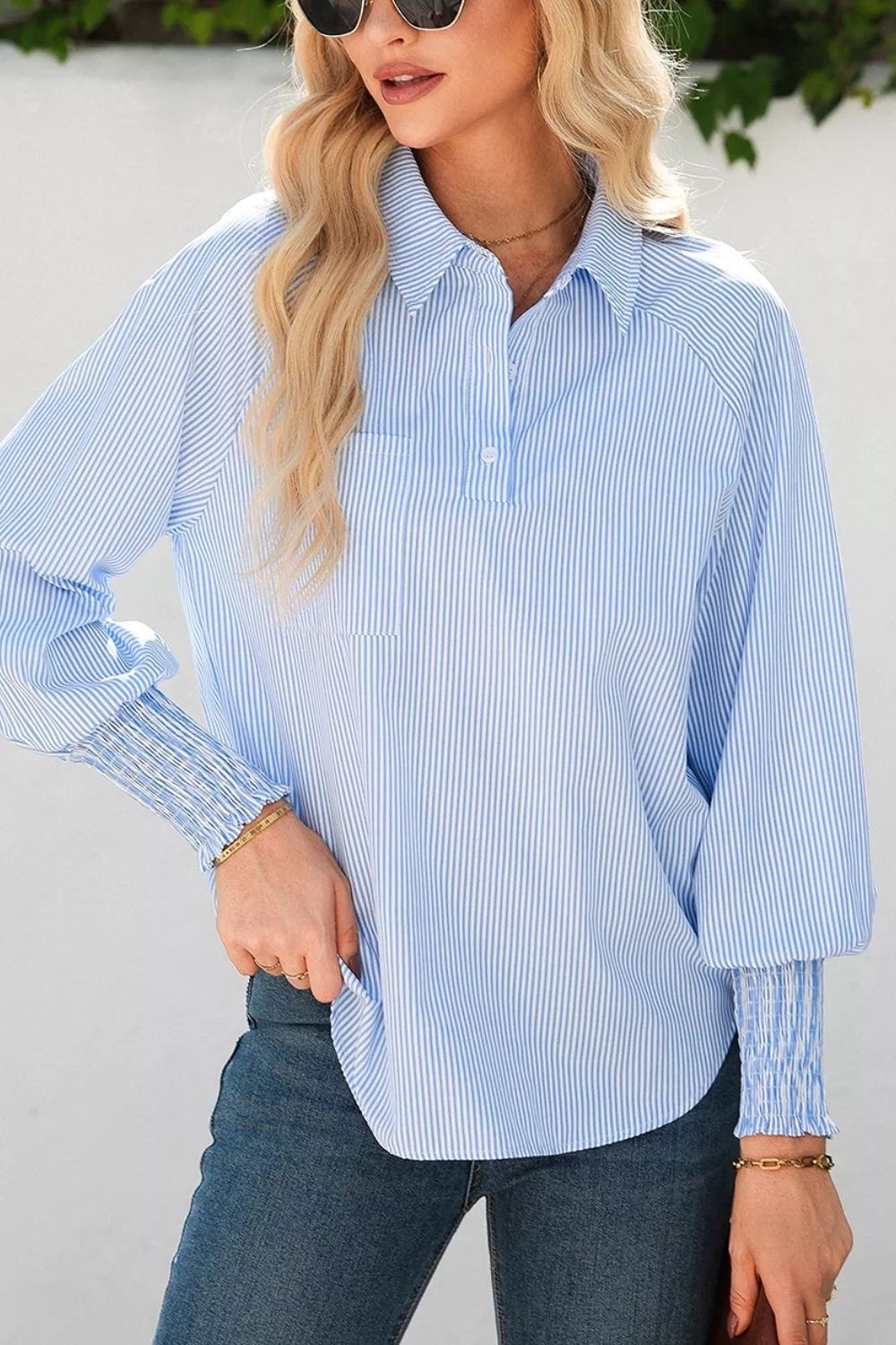 Striped Smocked Sleeve Collared Neck Blouse, image 5