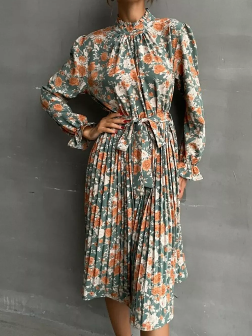 Floral Print Long Sleeve Pleated Midi Dress, image 3