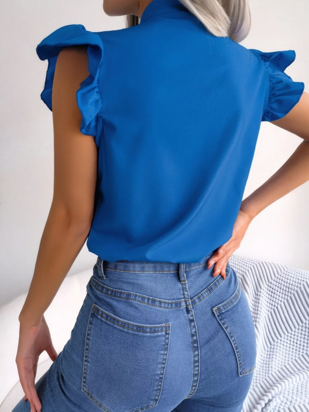 Ruffled Tie Neck Cap Sleeve Blouse, image 2