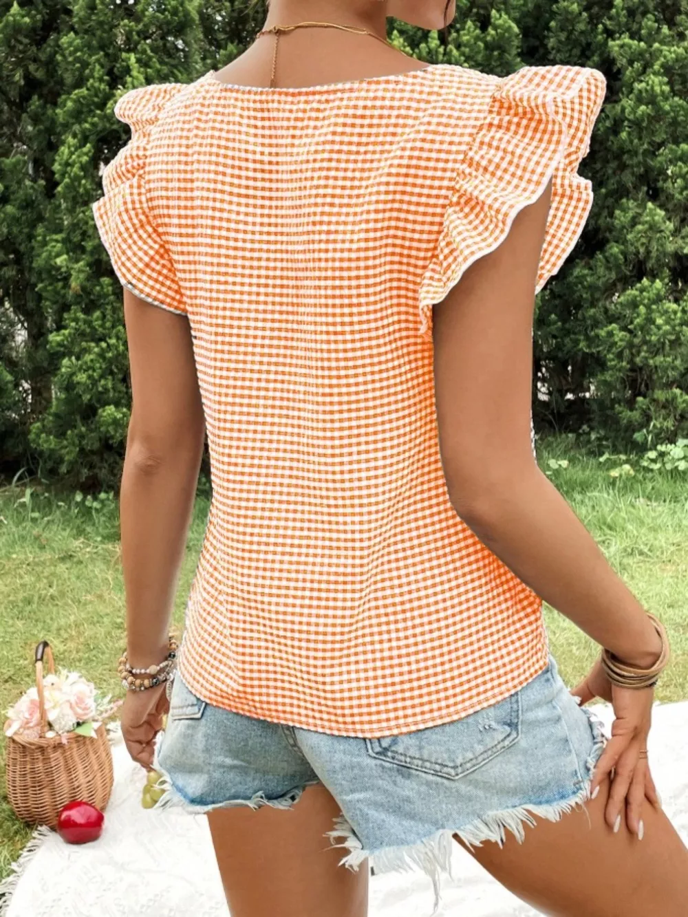 Gingham Ruffle Sleeve Square Neck Blouse, image 6