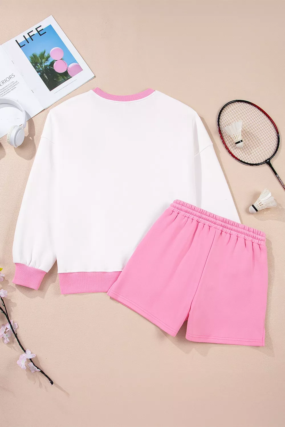 Color Block Sweatshirt and Elastic Waist Shorts Set, image 5