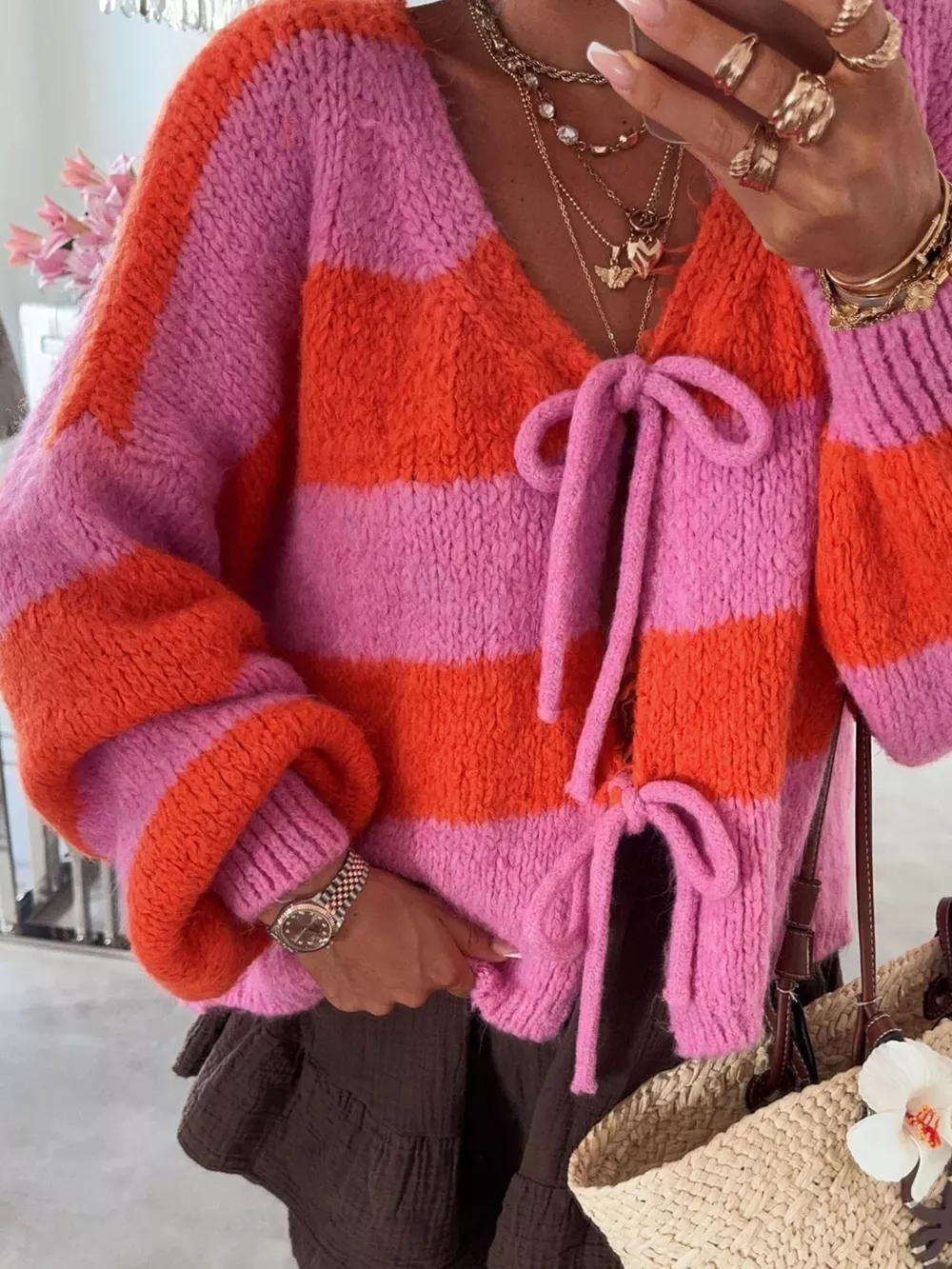 Striped Tie-Front Knit Cardigan, image 12