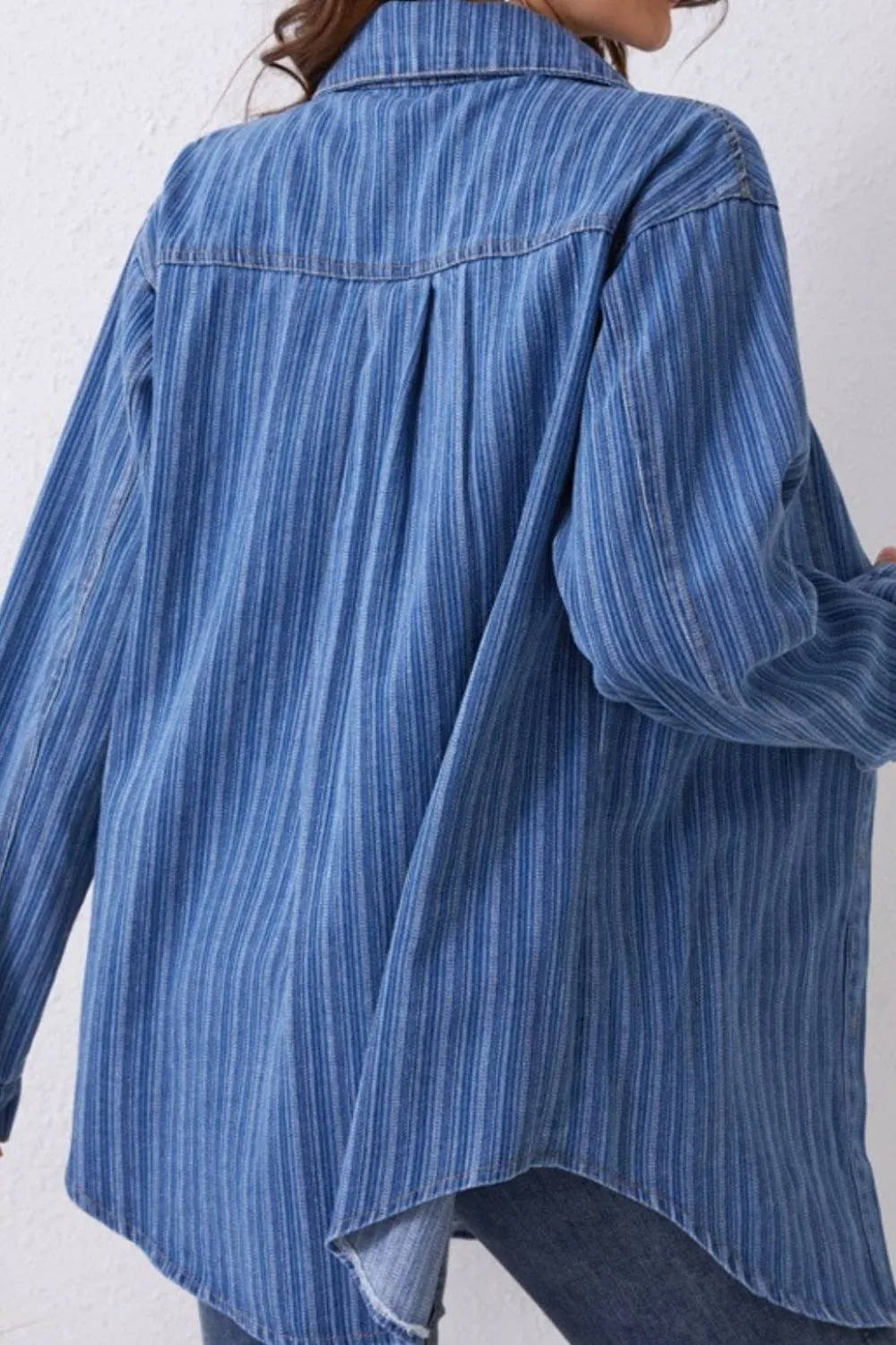 Striped Texture Collared Neck Denim Top, image 4