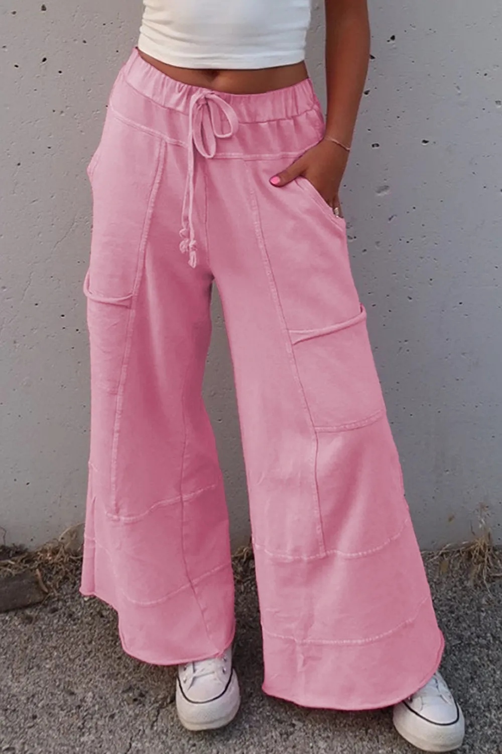 Mineral Wash Exposed Seam Drawstring High Waist Wide Leg Cargo Pants, image 6