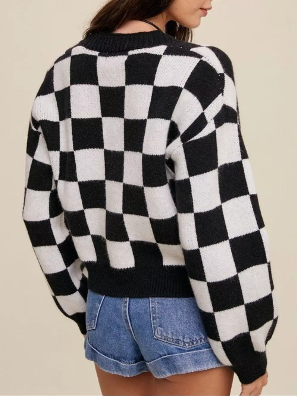 Checkerboard Pattern Button-Down Cardigan, image 3