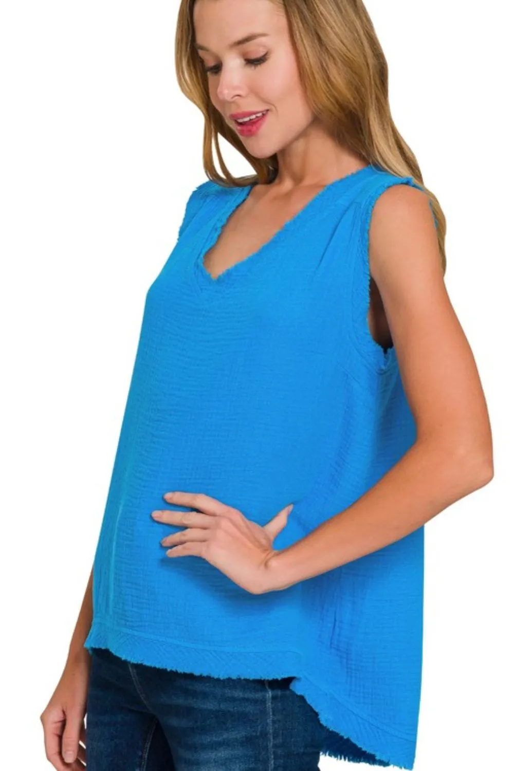 Double Gauze Raw Edge V-Neck Tank, image 2