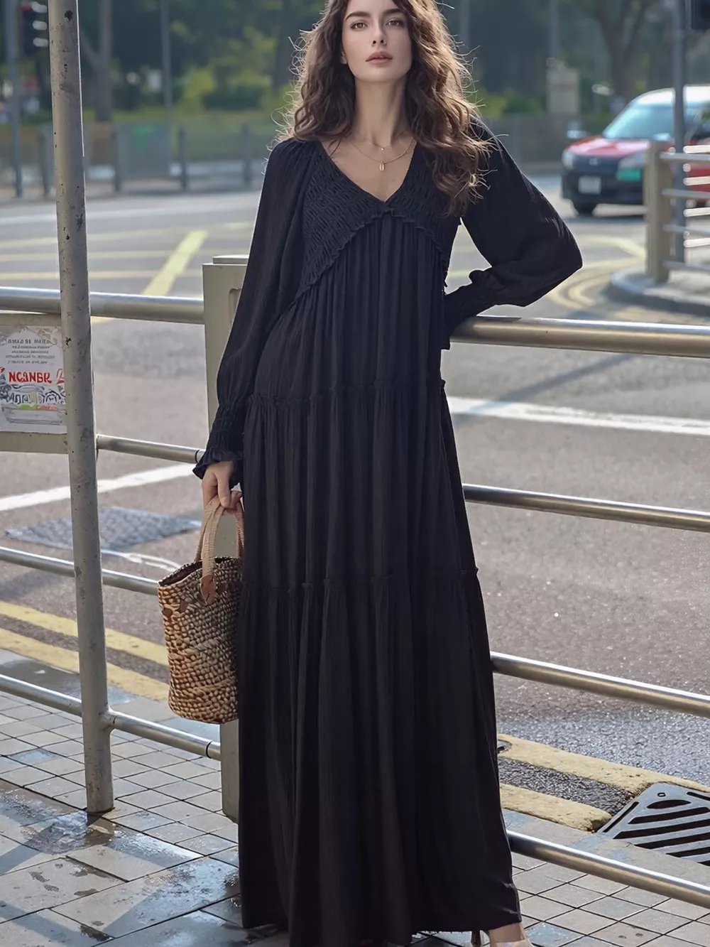 V-Neck Long Sleeve Tiered Maxi Dress, image 11