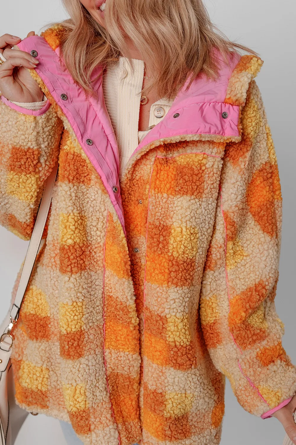 Checkered Long Sleeve Sherpa Hooded Jacket, image 5