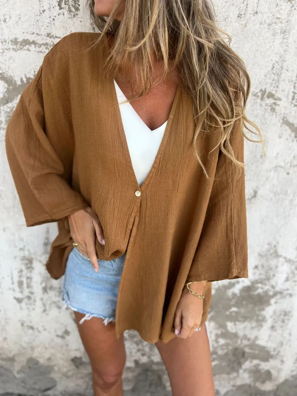 Full Size One Button Long Sleeve Shirt Plus Size, image 7