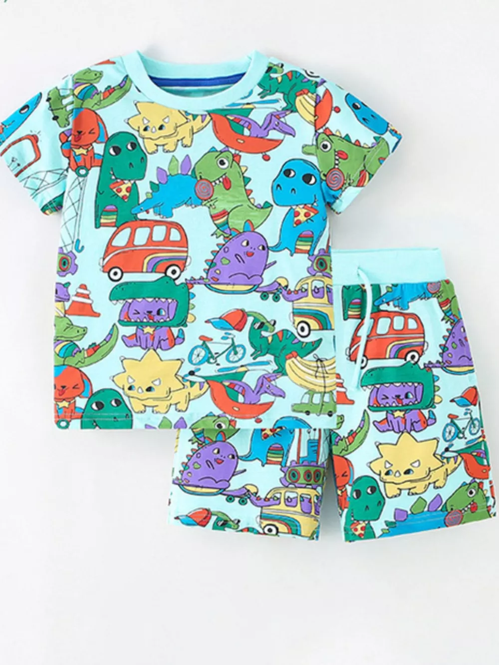 Children's Cartoon Dinosaur Round Neck Top and Shorts Set