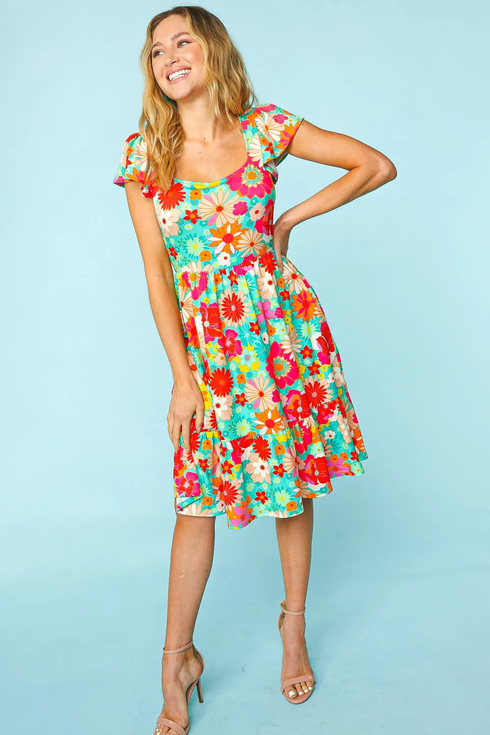 Floral Square Neck Short Sleeve Dress, image 4