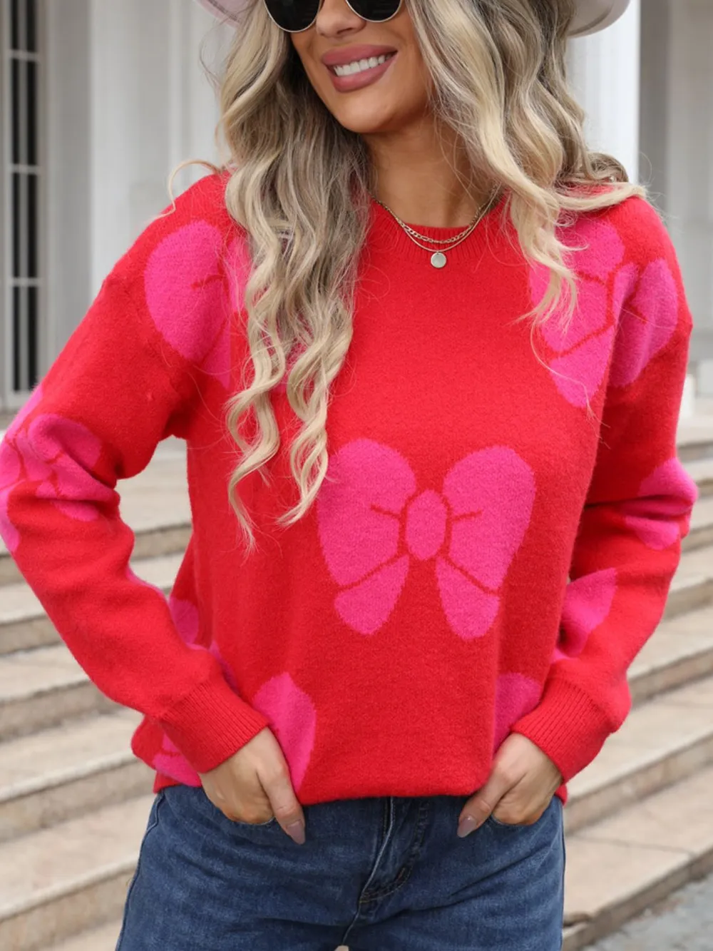 Bow Round Neck Dropped Shoulder Sweater, image 8