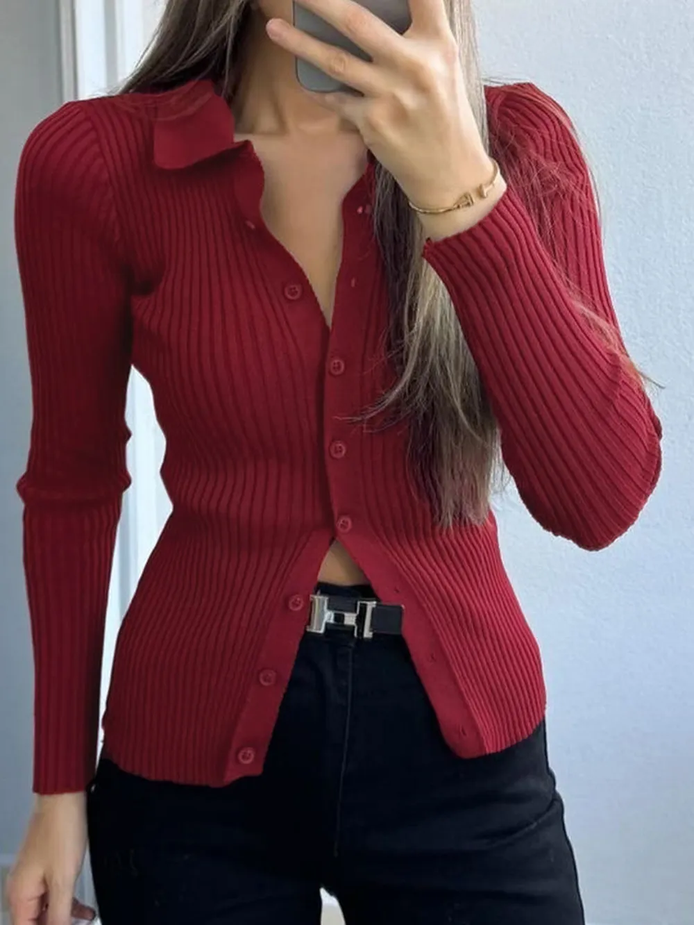 Ribbed Button-Front Long Sleeve Cardigan, image 12