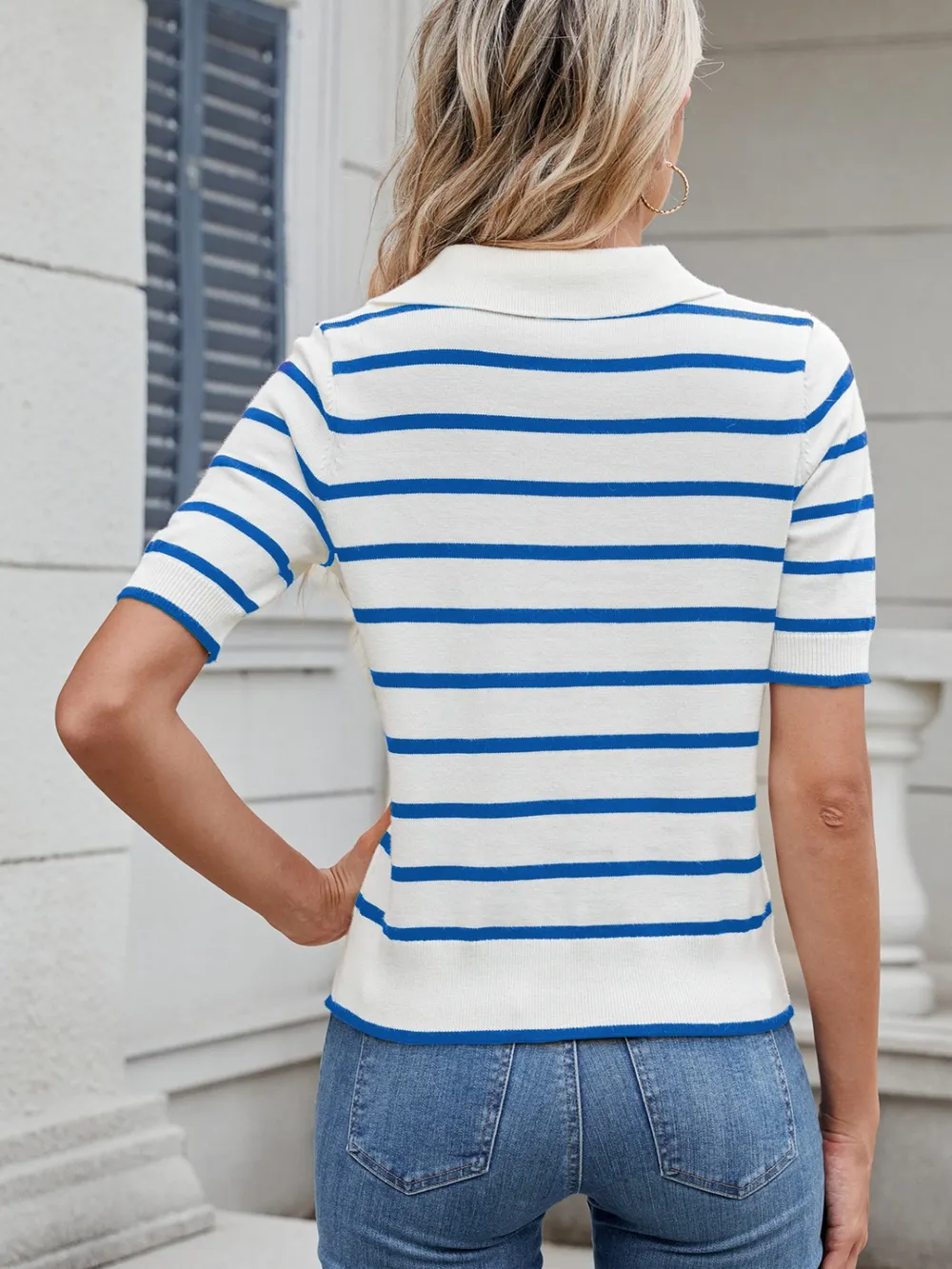 Striped Johnny Collar Short Sleeve Sweater, image 3