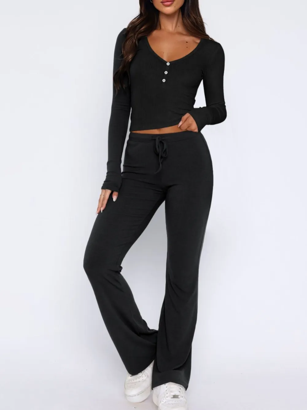 V-Neck Long Sleeve Top and Pants Set, image 2