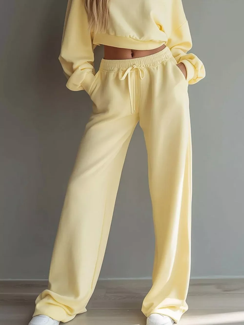 Round Neck Cropped Sweatshirt and Wide-Leg Pants Set, image 2