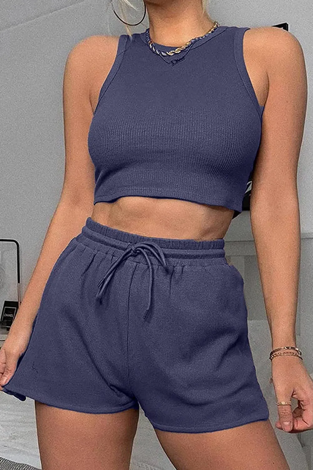 Round Neck Top and Drawstring Shorts Set, image 8