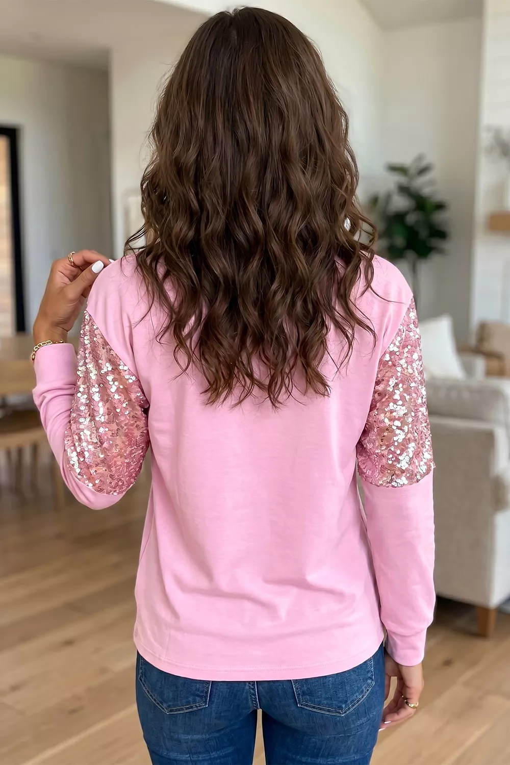 Long Sleeve Sequin Round Neck Pullover Top, image 5