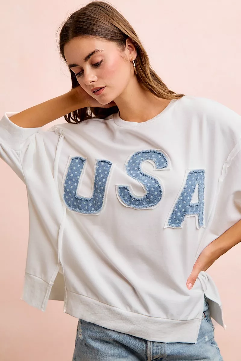 4th Of July Usa Letter Patchwork French Terry Top