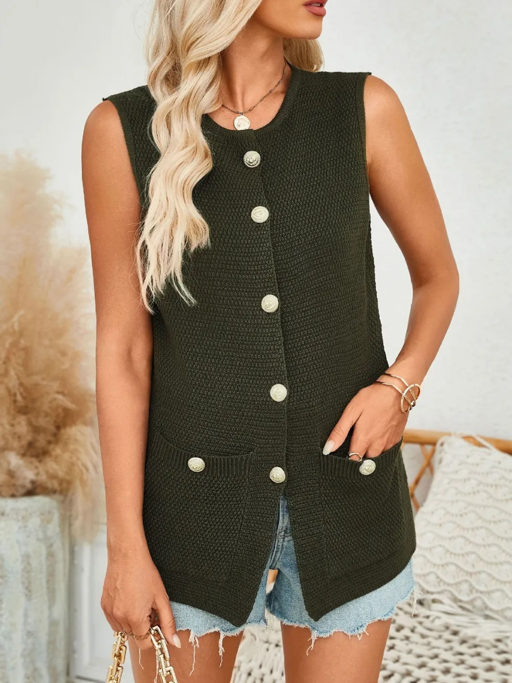 Button Down Round Neck Knit Vest, image 6