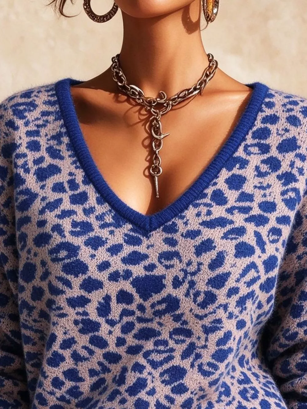 Full Size Leopard V-Neck Sweater with Striped Cuffs Plus Size, image 5